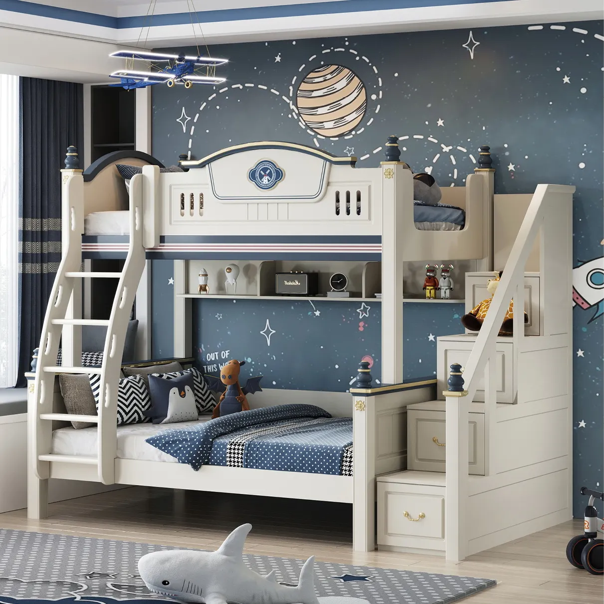 Conjunto de dormitorio moderno para niños, litera con castillo de madera, cama para niños y niñas, con escalera, escritorio de almacenamiento, armario deslizante