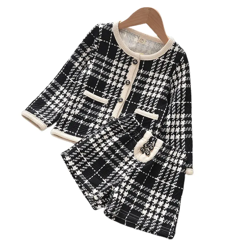 2022 set di abbigliamento primaverile per ragazze abiti scozzesi di moda abiti Casual per bambini Top Coat e pantaloni 2 pezzi costumi abito 3 7Y