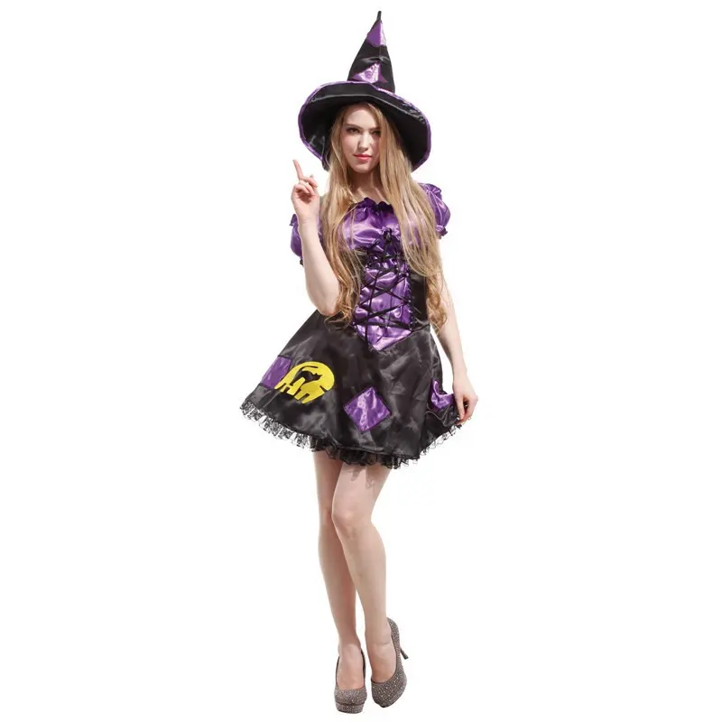 Atacado Halloween Bruxa Vestido Chapéu Traje Set Mulheres Menina Cosplay Festa Festiva Traje Adulto