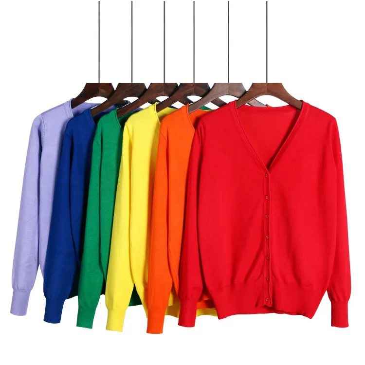 2020 de moda Outwear tamaño abotonado, Tops de manga larga de Color sólido de cuello en V las mujeres suéter Cardigan