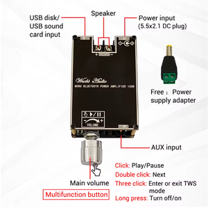 ZK-1001BモノBTレシーバーアンプボードTPA316D2チップ広い電圧入力12-24Vピーク出力電力100W TWSペアリング付き - Product Image 4
