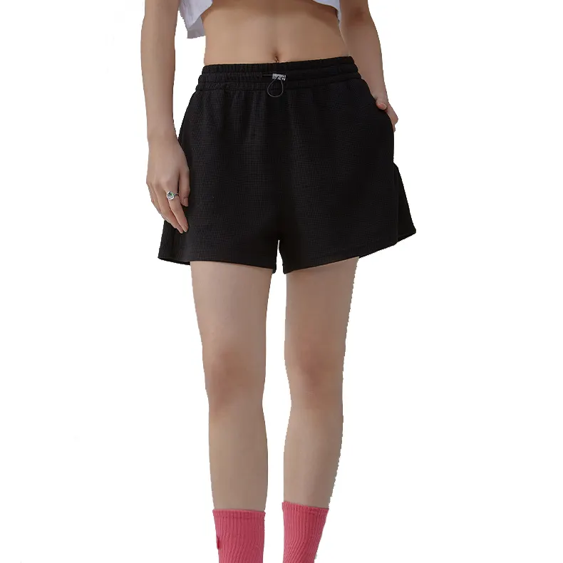 Chine vendeur femme été noir coton shorts réglable taille élastique shorts pour femmes décontracté gaufre