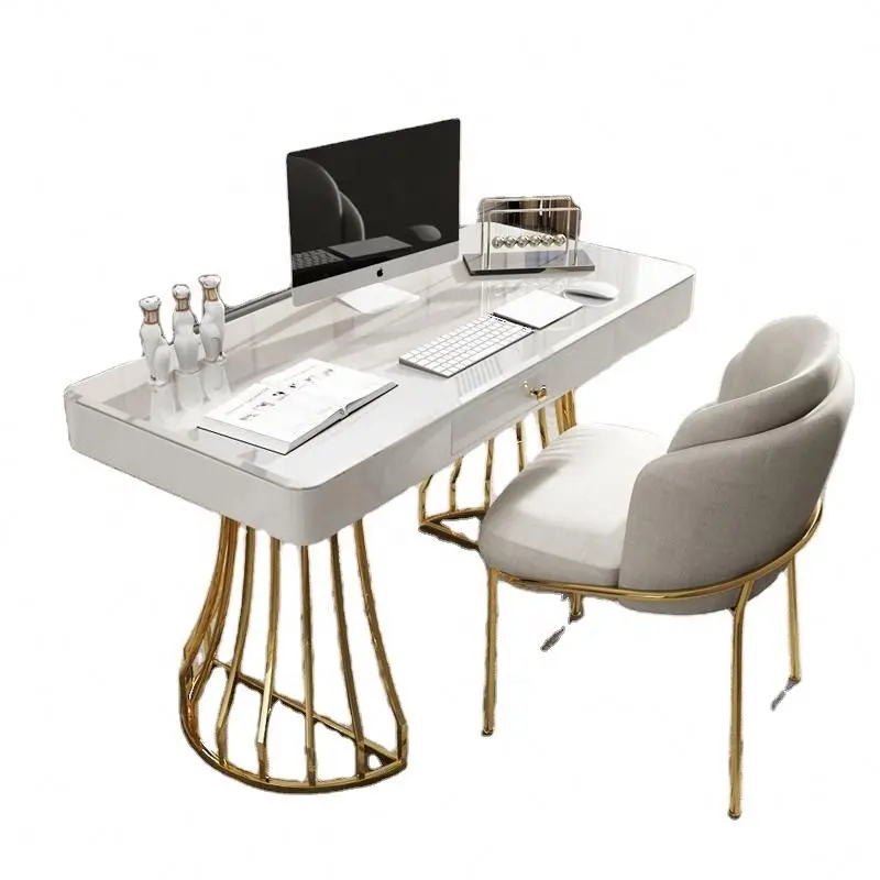 Meubles de mode bon marché en gros Ensemble de chaises de bureau de luxe léger Bureau d'écriture en verre en métal Bureau d'ordinateur