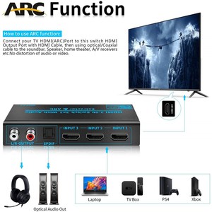 Hdmi 2.0bスイッチ3x1スプリッター3 in 1 4k @ 60hzスイッチャーボックス、アークリモート光toslink spdif同軸アナログrcaステレオオーディオ - Product Image 4