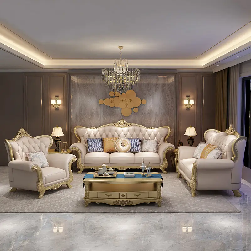 Royal European Leather Sofa Gold Villa Solid Wood American Furniture Sofa Set Living Room Couch For Home Hotel Furniture