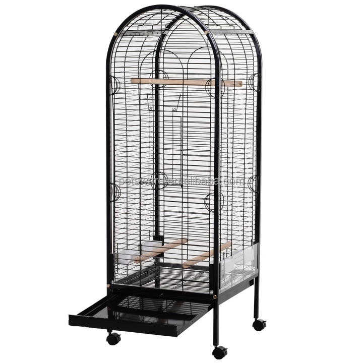 Jaula pajarera metálica con perchas de madera para loros canarios con ruedas 54x54x151cm negra