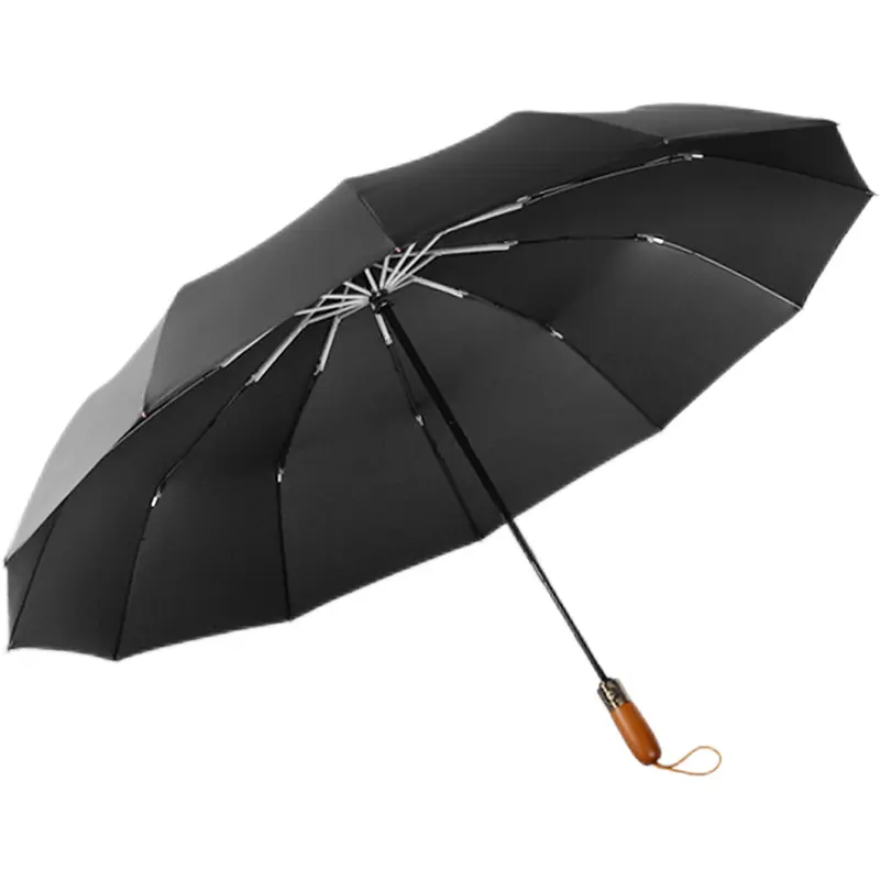 Hochwertiger 27-Zoll-Rundschirm ausgezeichnetes Herren-Geschäft Rohholz 3-faltiger Regenschirm mit individuellem Logo