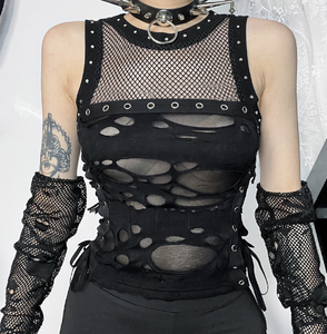 女性のゴシックトップス秋の新しいパーソナライズされた女性のダークウィンドスリムグリッドホールブレイキングノースリーブトップス女性