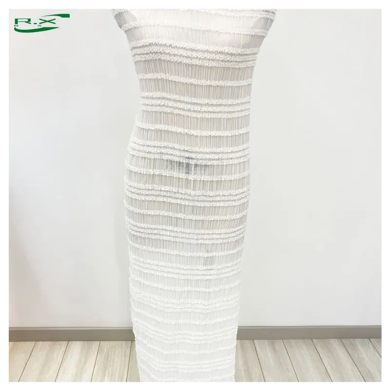 Custom wholesale popular 100 polyester soft white embroidered satin chiffon stretch clothing knitted pleated fabric from china
