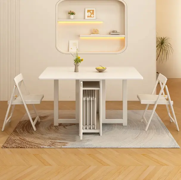 Mesa de comedor plegable de madera maciza blanca Mesa de comedor pequeña para el hogar Mesa de comedor telescópica plegable integrada