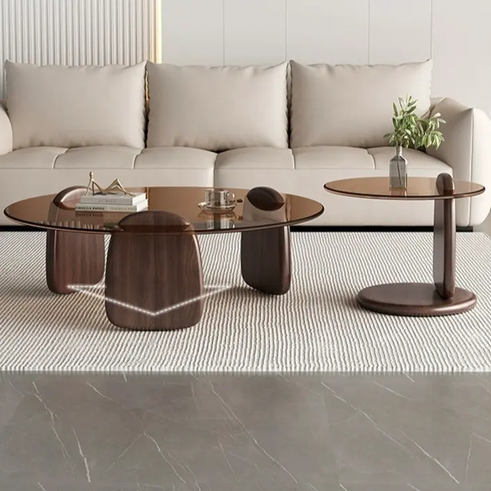 Juego de mesa de centro de madera moderna, combinación de muebles de sala de estar, mesa de centro de cristal