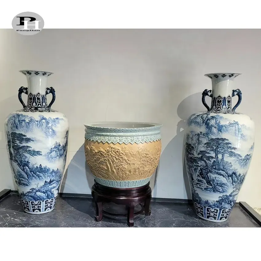 Guci Keramik Biru dan Putih Lukisan Tangan Besar Temperatur Tinggi Tiongkok