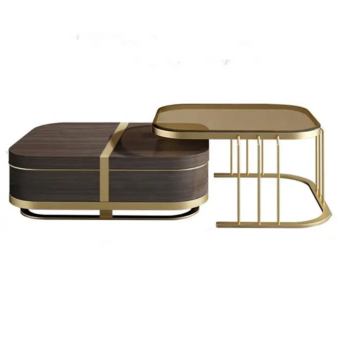 Italiano di lusso unico in acciaio inox base tempra del vetro top in legno di caffè quadrato set da tavola 2 design moderno