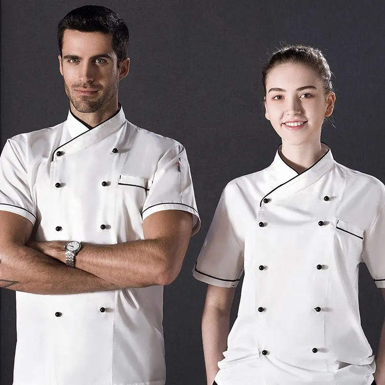 Uniformes de chef para restaurante, chaqueta de chef, abrigos de cocina y hotel, manga corta, color negro, último diseño