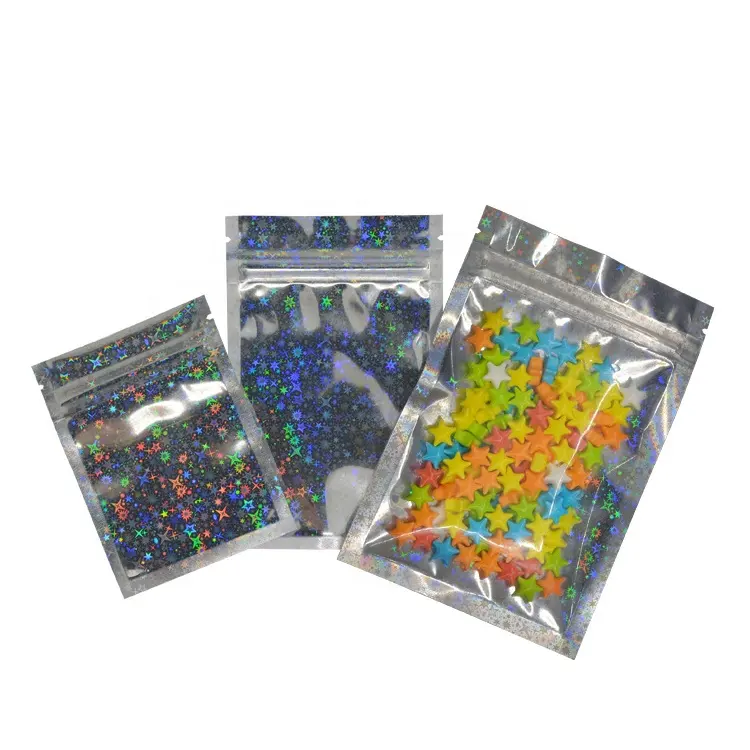 One side Clear Zip Pouch Stock Bags Glittering Star Holographic Cosmetics Lipsticks Zip lock Bag