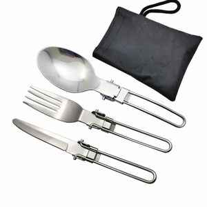便携式不锈钢野营餐具套装方便三件套餐具，带可折叠铁丝手柄，适合户外探险 - Product Image 2