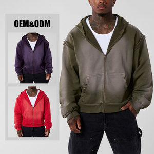 Tùy Chỉnh Thời Trang Đường Phố Của Nam Giới Zip up Đinh Tán Hoodie Axit Rửa Sạch Sơn Splatter Xếp Khâu Áo Dày Pháp Terry - Product Image 3