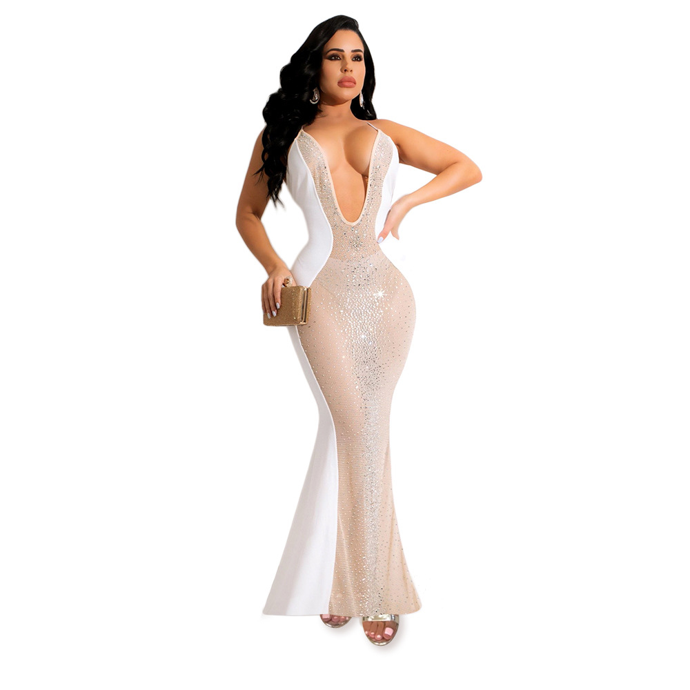 New Style Fashion Sexy See-Through Rhinestone Elegant Mermaid Gown Sleeveless Ladies Temperament Halter Maxi Evening Dress