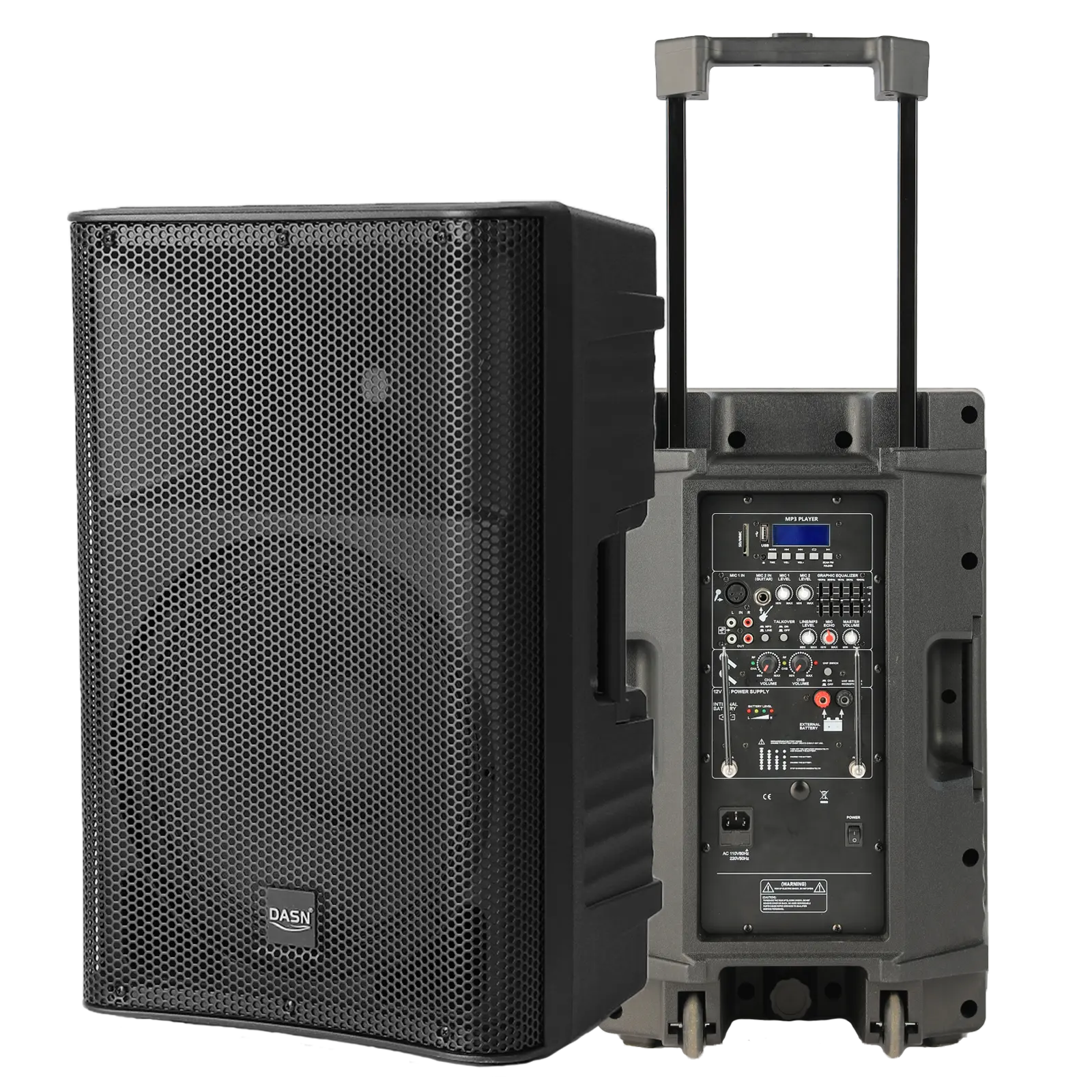 DASN SCBT12AE12インチ320Wプロフェッショナルアクティブプラスチック全周波数バッテリーDJホームスクエアPAスピーカー、ホイールとタイロッド付き