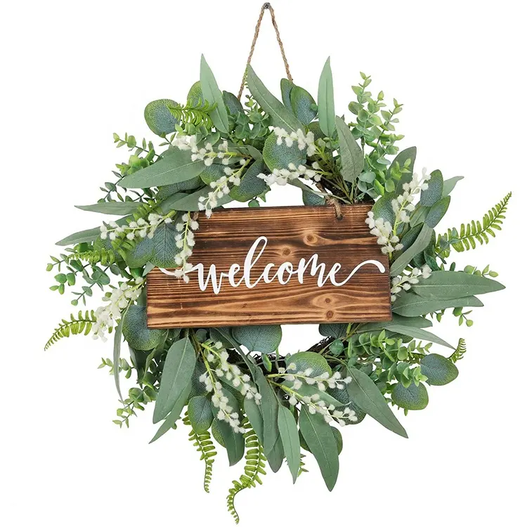Wreath quadro de bambu de 20 polegadas, artesanato verde de eucalipto com folhas de seda versátil para decoração da primavera, verão, uso ao ar livre u