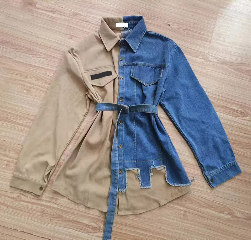 Moda splicing bavero vestito nuovo stile coreano asimmetrico donna jeans lunghi denim top camicia donna camicette camicie