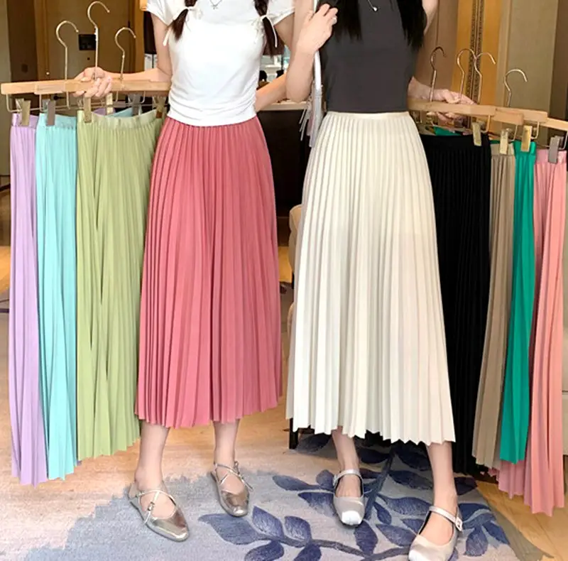 Y308035 High Waist Pleated Skirt Summer Autumn Solid Color Black Pink Blue White Long Skirt for Women