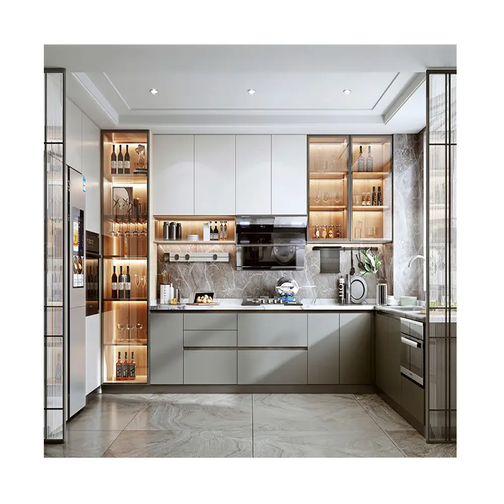 Mobiliário de cozinha impermeável de luxo, mobiliário brilhante de aço inoxidável à prova d'água de design personalizado