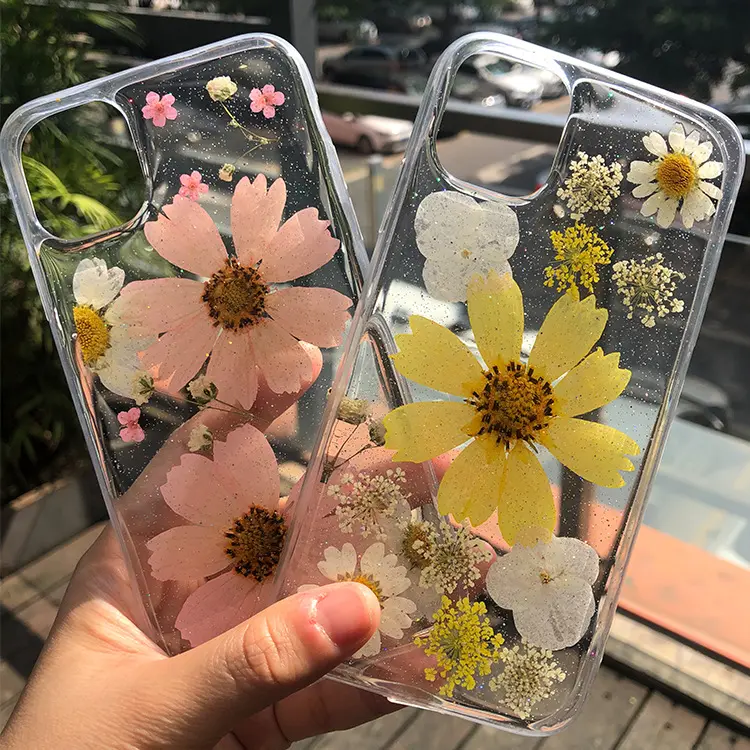 Hot Sale Floral Nature Getrocknete Gänseblümchen-Handy hülle für iPhone 13 Epoxy Real Flower Gel Klare Abdeckung für iPhone 12/11/7/8/X/XR/XS/MAX