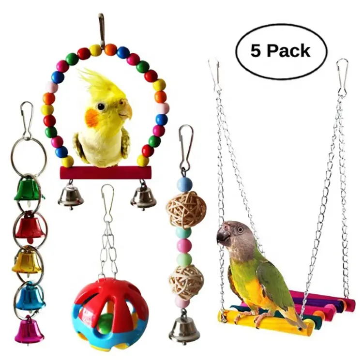 Paquete de 5 juguetes para masticar loros y pájaros, campana colgante, jaula para pájaros, hamaca, columpio, juguete colgante