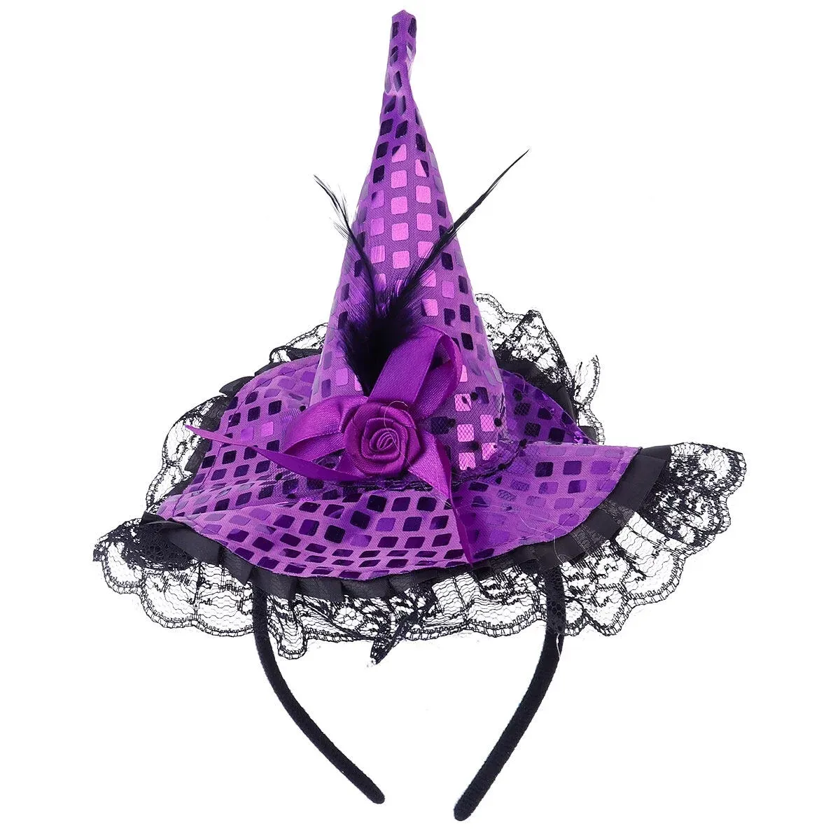 Sombrero de bruja de Halloween, diadema de lentejuelas, sombrero de bruja púrpura, pieza para la cabeza, accesorios de banda para la cabeza, sombrero de mago con purpurina de encaje, diademas