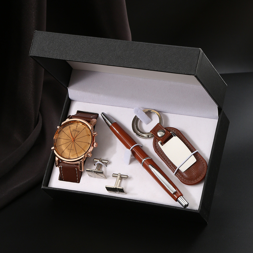 m2855 brown-5-piece set-watch key chain pen cuff wooden gift box
