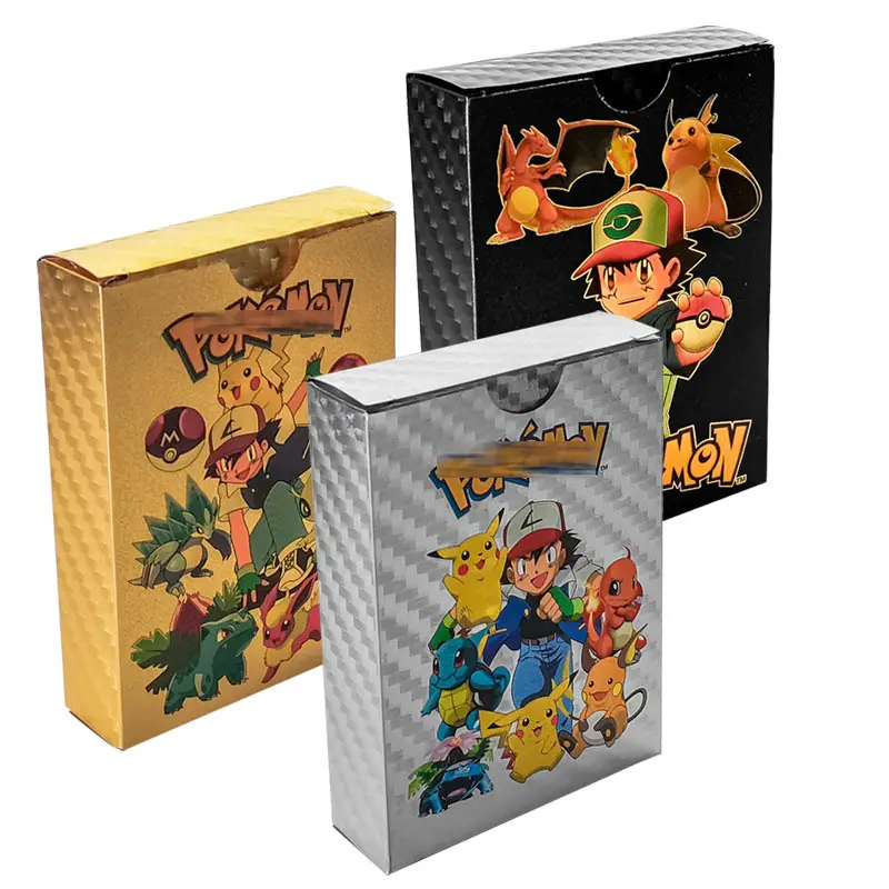 Prodotti Anime 55 pz/scatola di carte Pokemoned tasso di cartone animato colore pieno oro nero nastro lamina d'oro gioco di carte da collezione