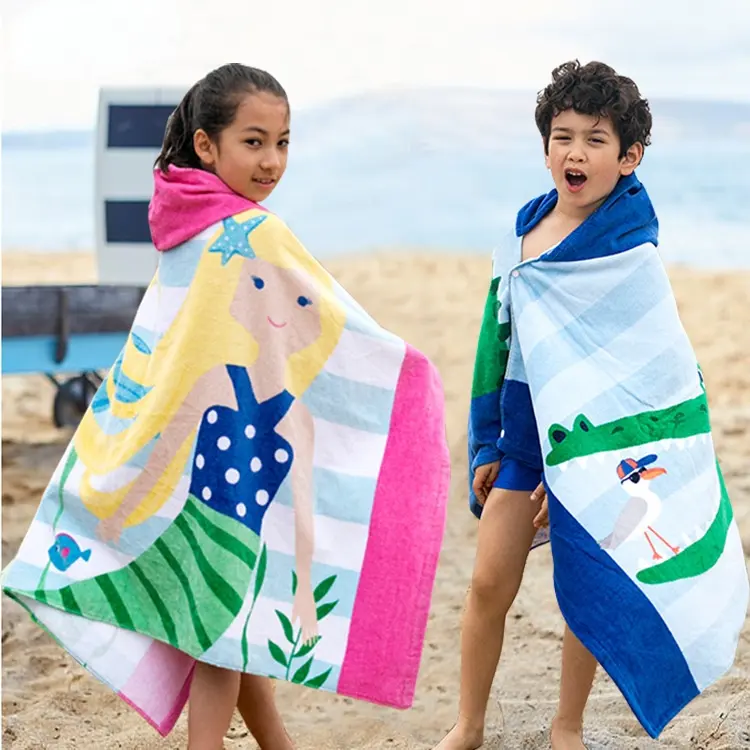 Handuk Mandi Pantai dengan Tudung untuk Anak-anak Balita Laki-laki Perempuan 3 Sampai 12 Tahun Katun Penyerap Super Lembut untuk Mandi/Kolam/Penutup Pantai