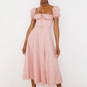 Weimeixin — robe Midi professionnelle mi-longue pour femmes, couleur rose florale, manches bouffantes, fendue sur le côté, camping bell - Product Image 3