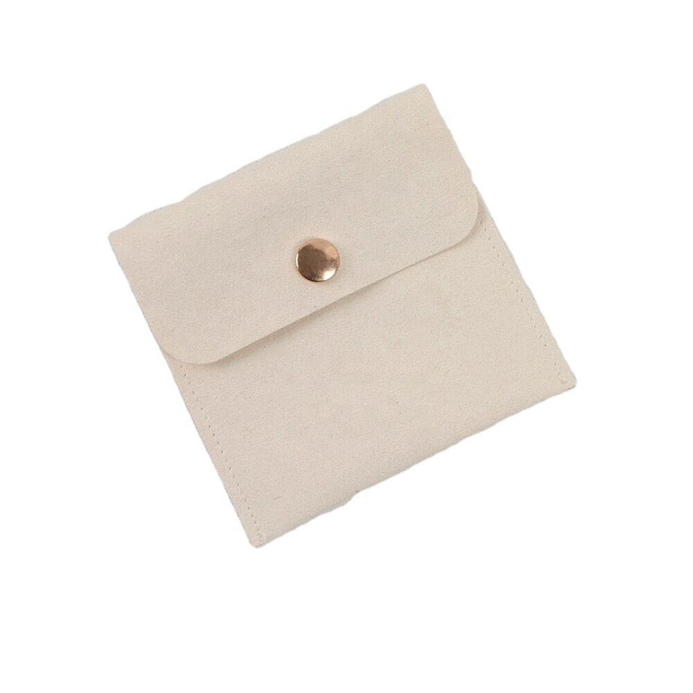 Pochette portagioielli in microfibra, beige avorio, con chiusura a bottone