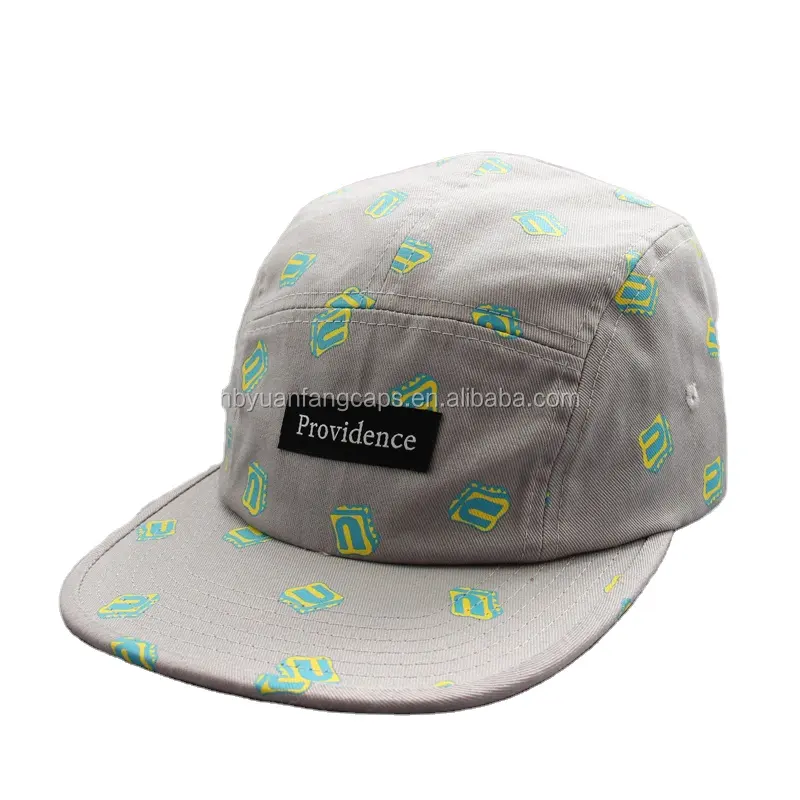 custom made design your own logo label sewing 5 panel camper hats with colorful logo full print