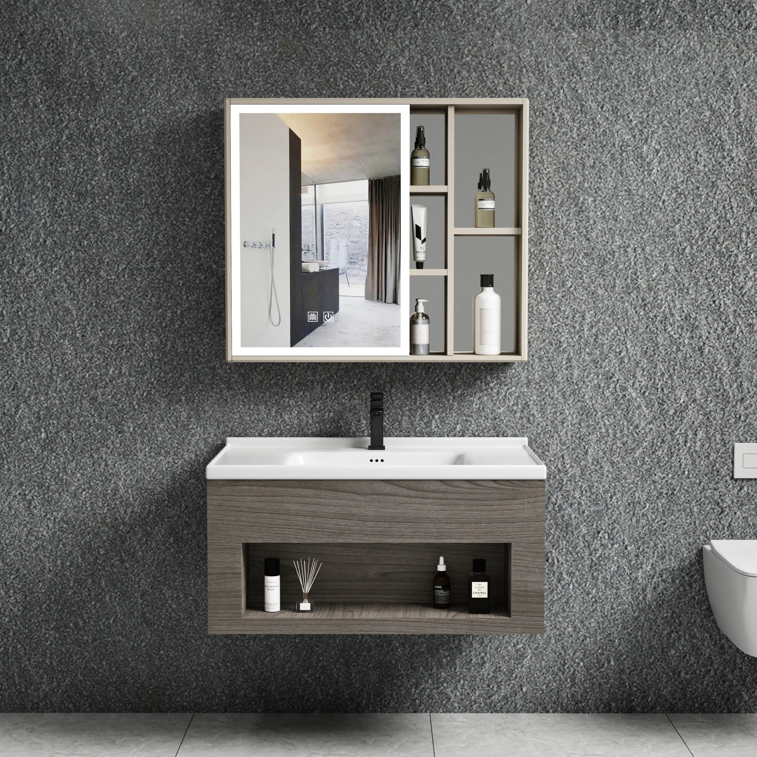 Nueva moda aleación de zinc Acero inoxidable diseño montado en la pared MDF tocador de baño con muebles de gabinete de espejo