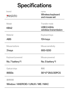 Yesido kết nối không dây độ trễ cực thấp Cắm và chơi 2.4GHz không dây Bàn phím và chuột thiết lập kb42 - Product Image 5