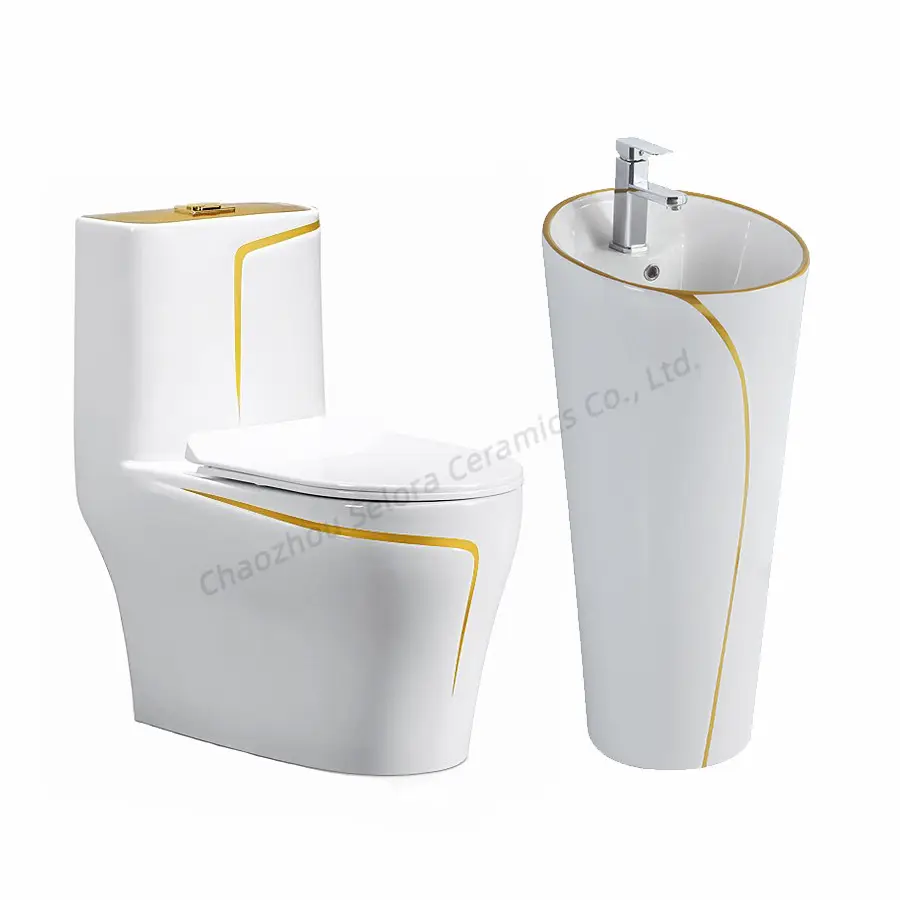 Baño de lujo moderno, artículos sanitarios completos, inodoro de cerámica de una pieza, Pedestal, lavabo, inodoro, juego de inodoro