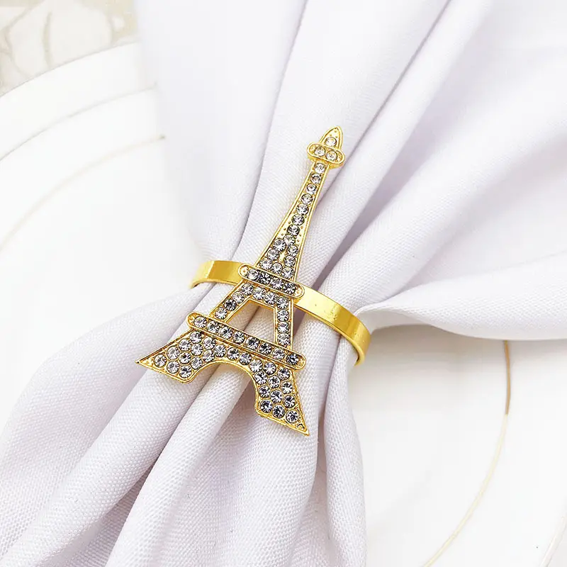Anillos de servilletas de cristal para bodas románticas, Torre Eiffel de metal dorado, ideas al por mayor, precio de fábrica