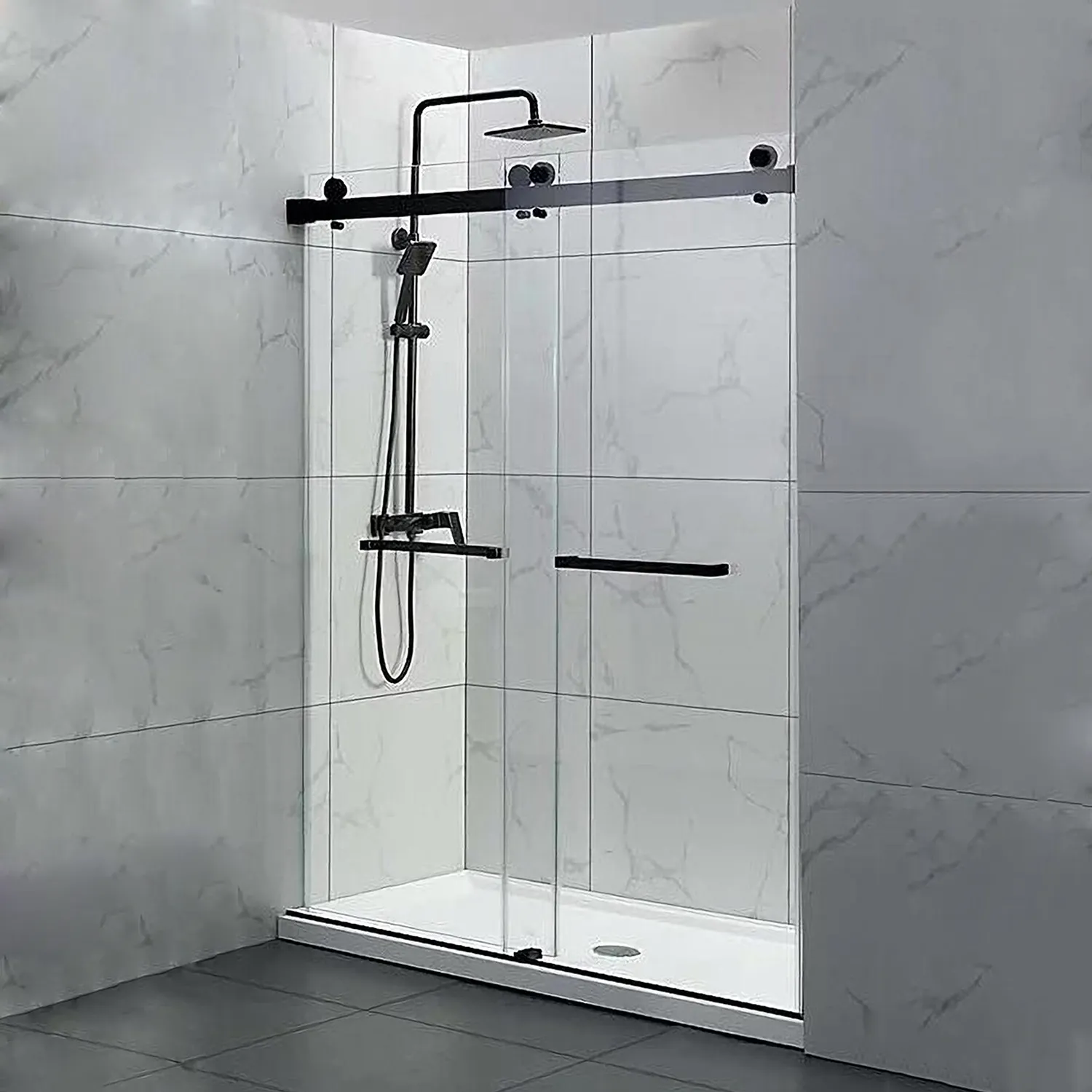 Réglable 60 po. W x 58 po. Porte de douche en verre sans cadre H avec kit de douche noir mat complet et porte coulissante en verre