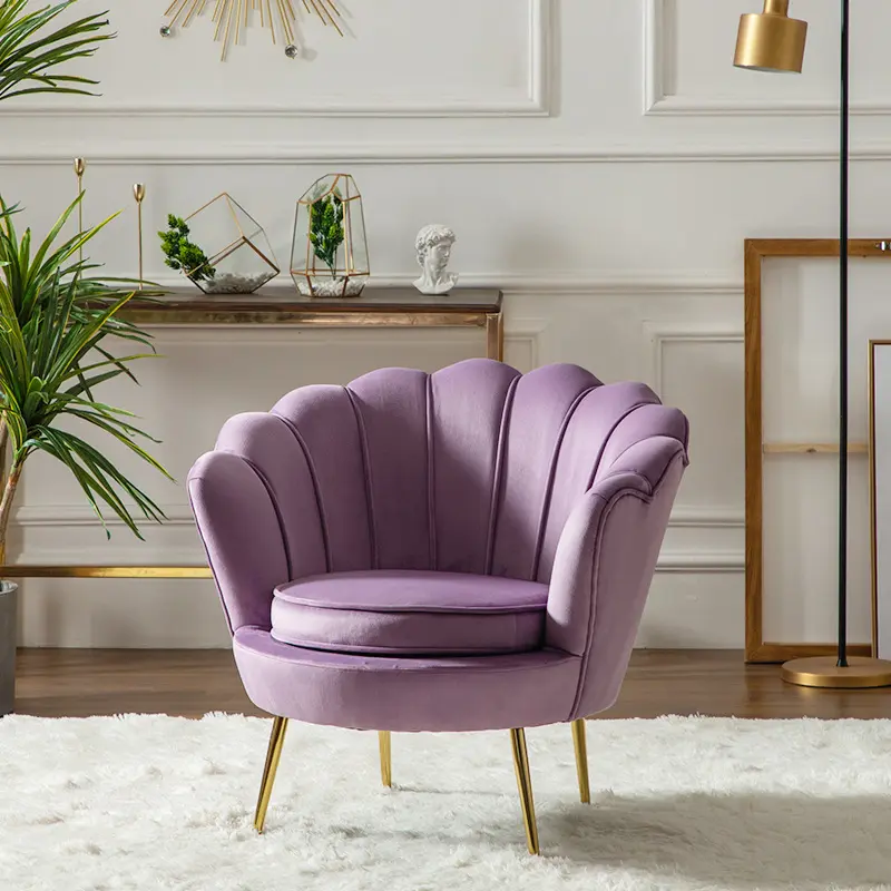 Silla de acento nórdico para sala de estar, silla ocasional tapizada, silla de acento de terciopelo púrpura con patas doradas