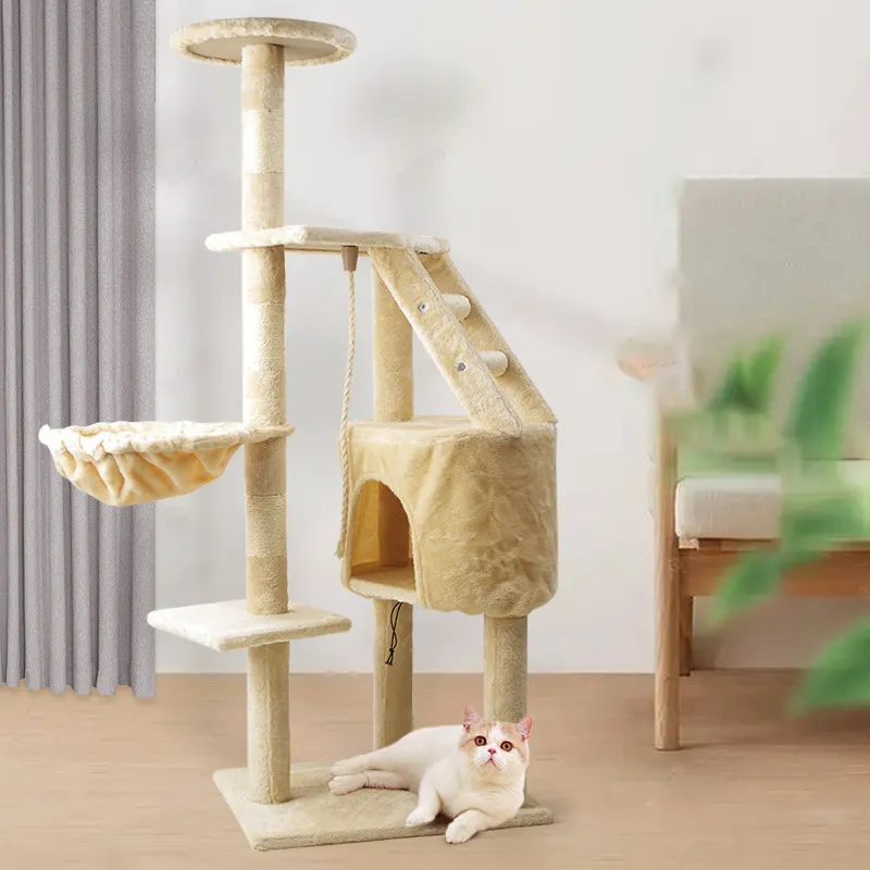 Arbre à chat en bois naturel sisal avec boule gris élégant mignon maisons en bois en peluche arbre à chat maison