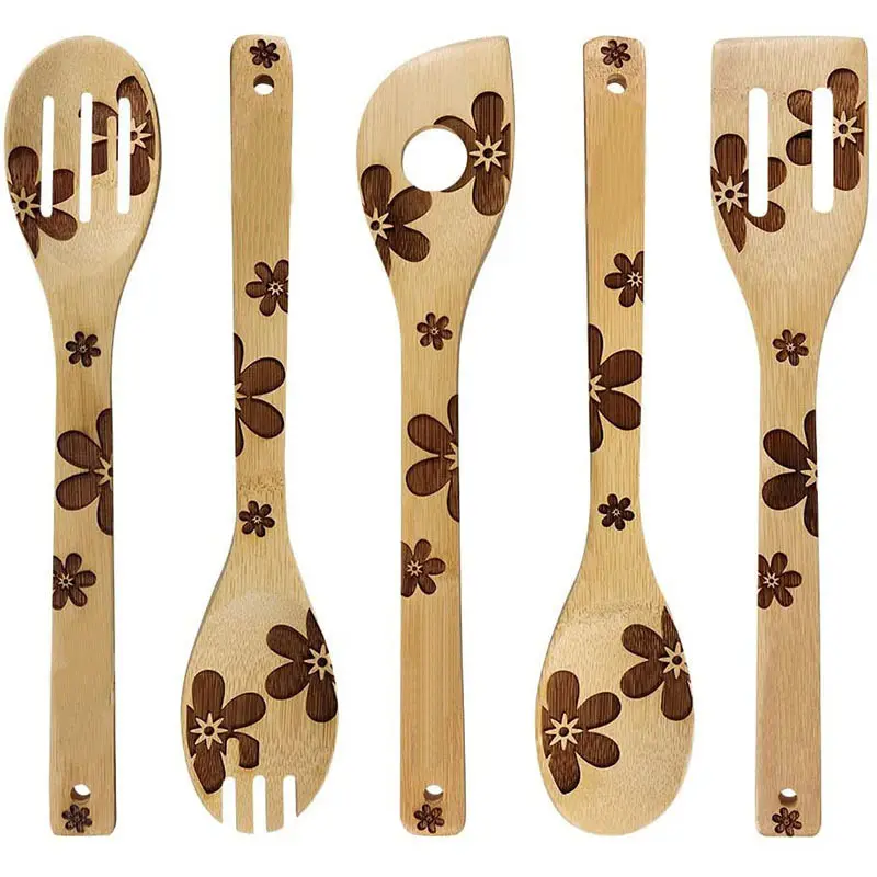 Juego de cucharas de madera de bambú para decoración de cocina, utensilios de cocina quemados, cuchara, regalo divertido, utensilios de servir, 5 piezas, 2020