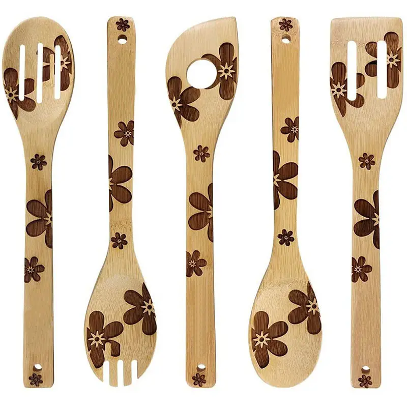 Natale Decorazione Della Cucina 2020 5 Pezzi Di Bambù Cucchiai di Legno Set Bruciato Utensili Da Cucina Cucchiaio Fun Idea Regalo Servire Utensili