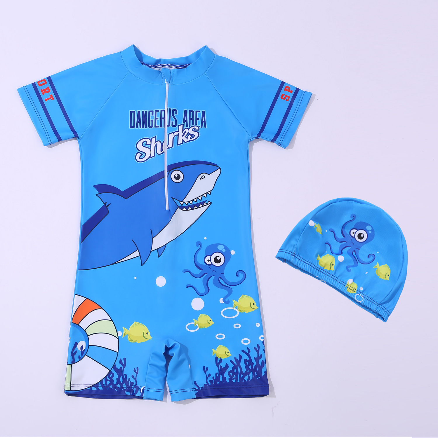 Maillot de bain une pièce requin bleu (maillot + bonnet de bain)