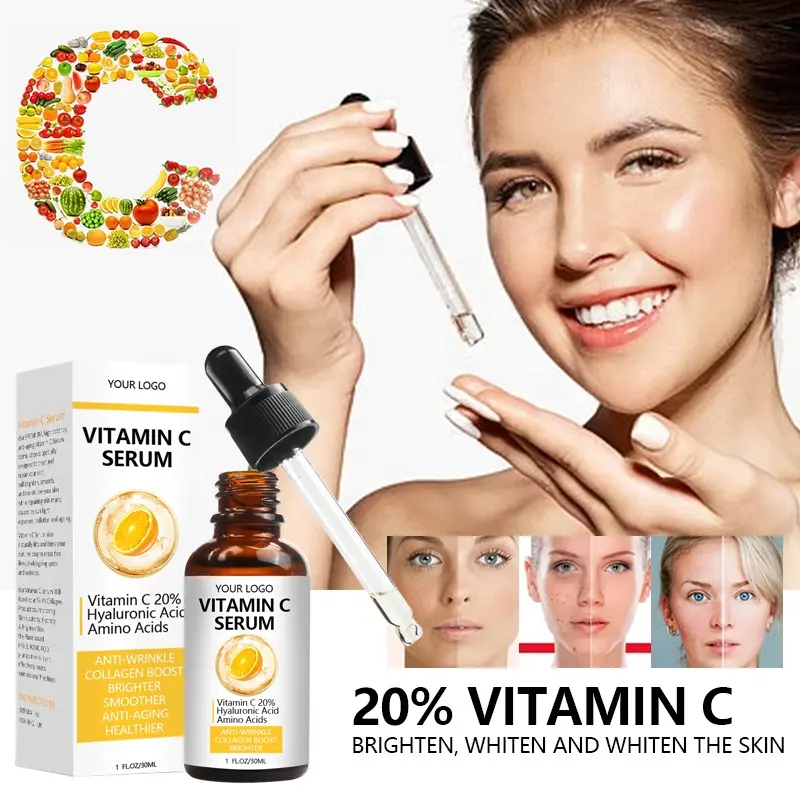 Serum para cuidados com a pele, rótulo privado, ácido hialurônico 20%, vitamina e oem, orgânico, anti envelhecimento, clareamento, rugas, soro de vitamina c