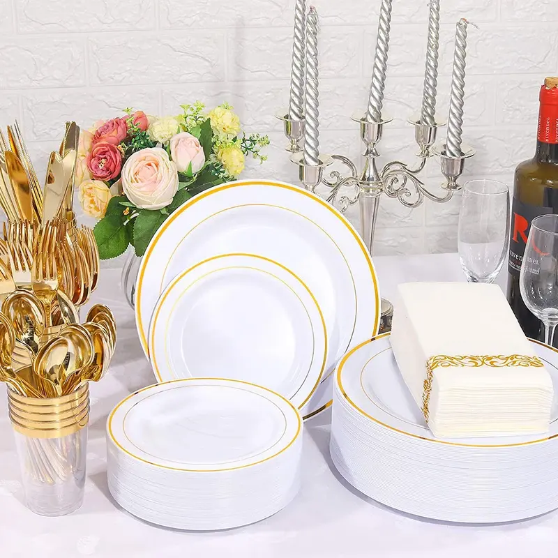 Лидер продаж, набор пластиковой посуды с золотым ободом, тарелки, пластиковые тарелки для свадьбы