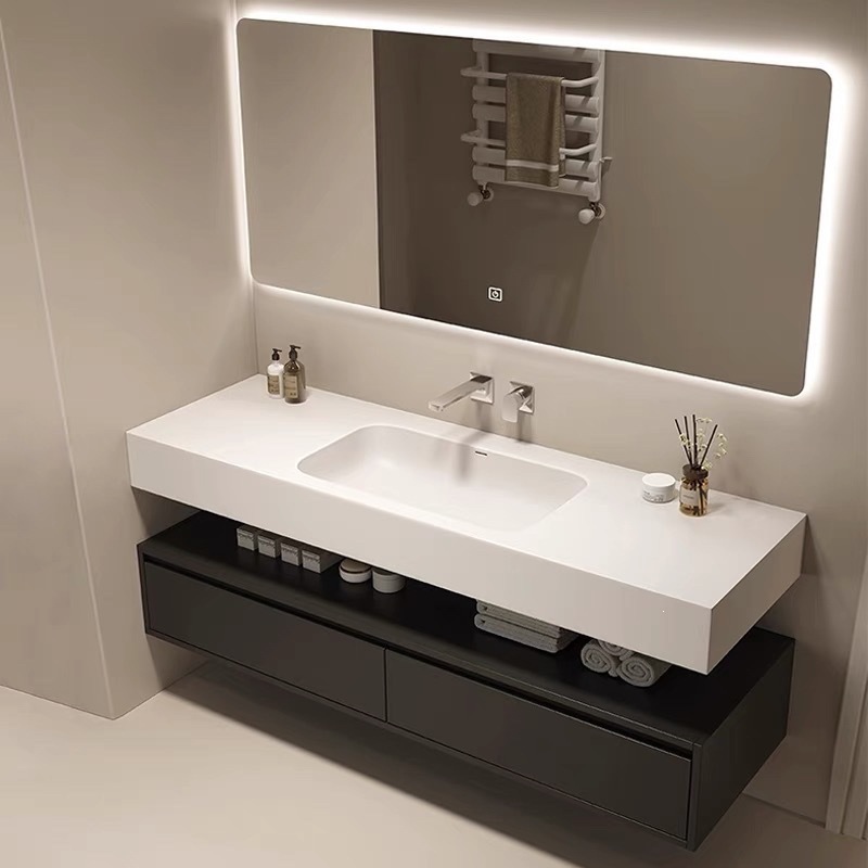 Lavabo in ceramica senza giunzioni con piastra in roccia da 60 cm, grigio scuro, solido