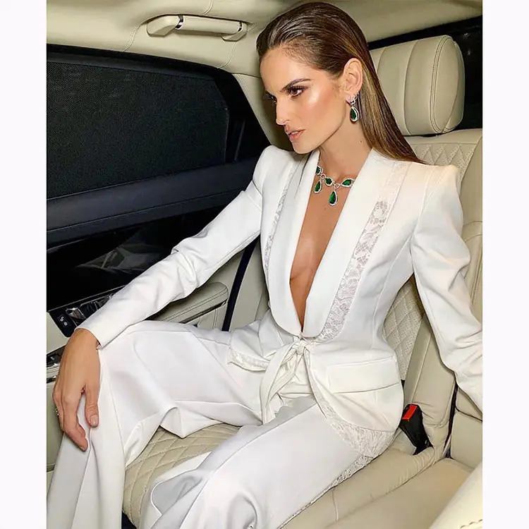 Newest Designer Star Style Fashion Suit Set Women's Belted Lace Patchwork Blazer Pants Suit